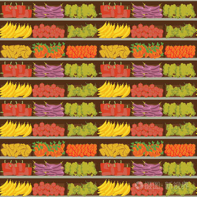 水果和蔬菜貨架和新鮮健康的食物,在超市,選擇大的有機產(chǎn)品的銷售在食品商店內(nèi)部,商店矢量圖